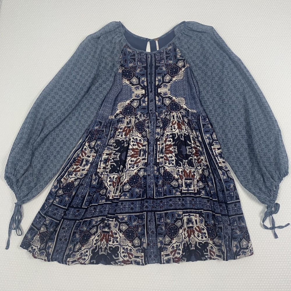 Free People Oksana Print Mini Dress Womens 0 Blue Boho Peasant Long Sleeve